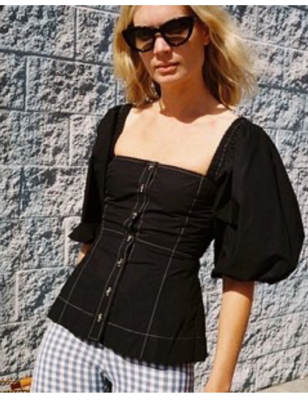 GANNI cotton black puff sleeve button polplin blouse square neck- 34 (2)